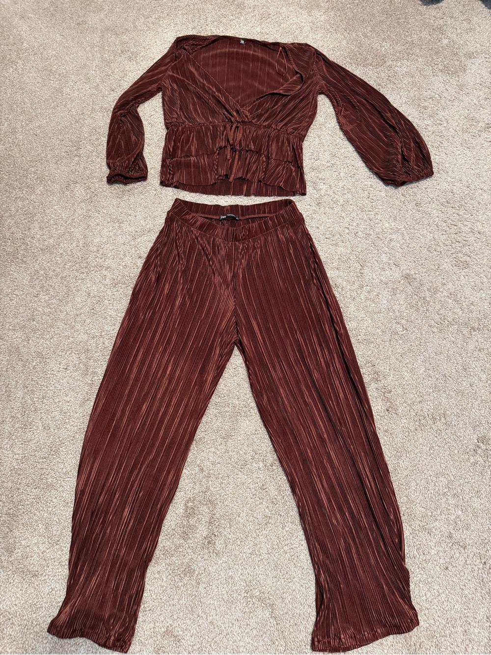 Zara Rust Brown Pleated Wide-Leg Pants and Wrap Top Set